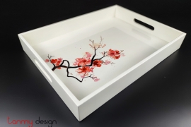 White rectangle lacquer tray hand-painted with peach blossom 28*38 cm